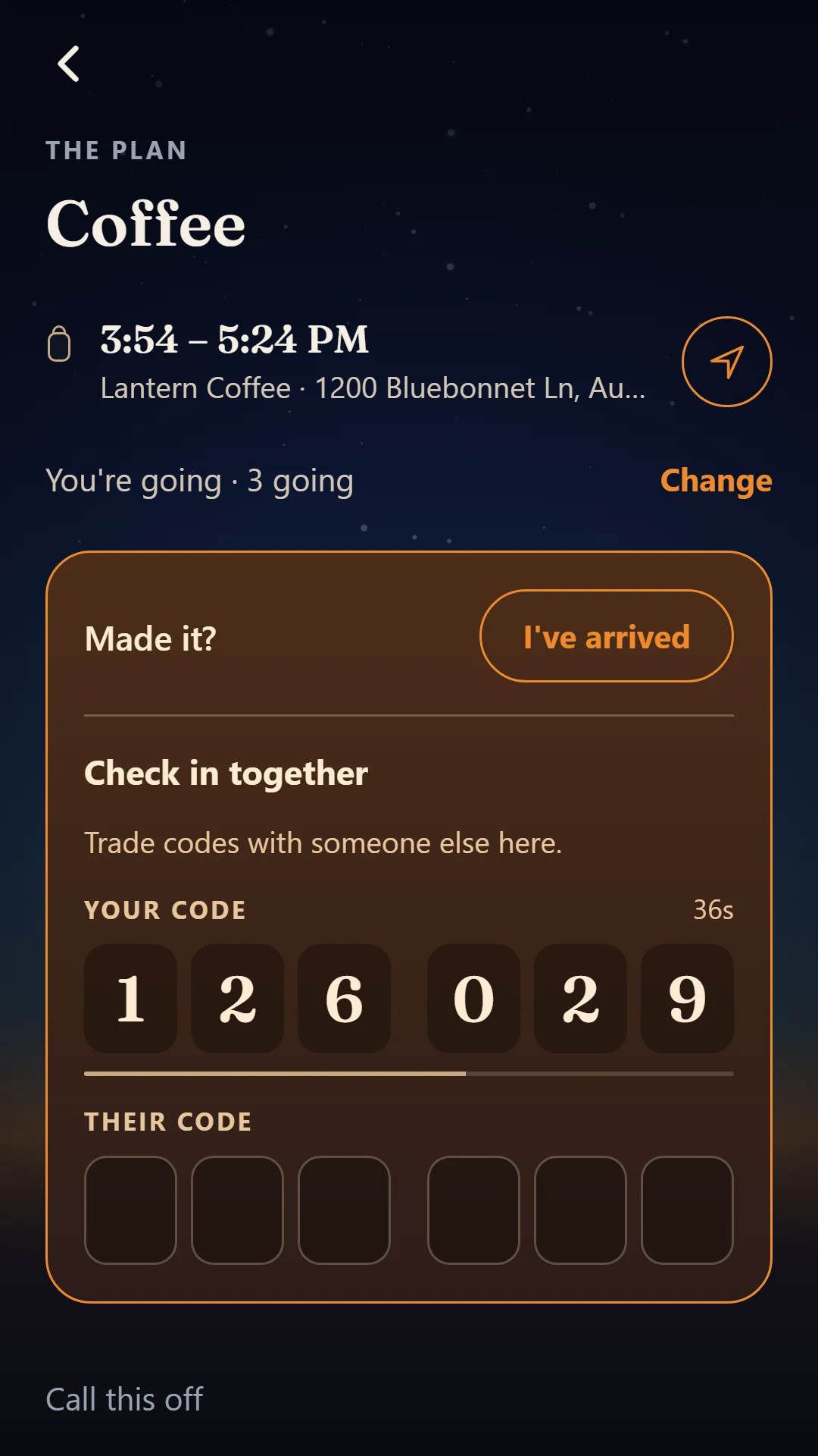 Kynward meetup plan — the agreed time, the place, and how many people are going