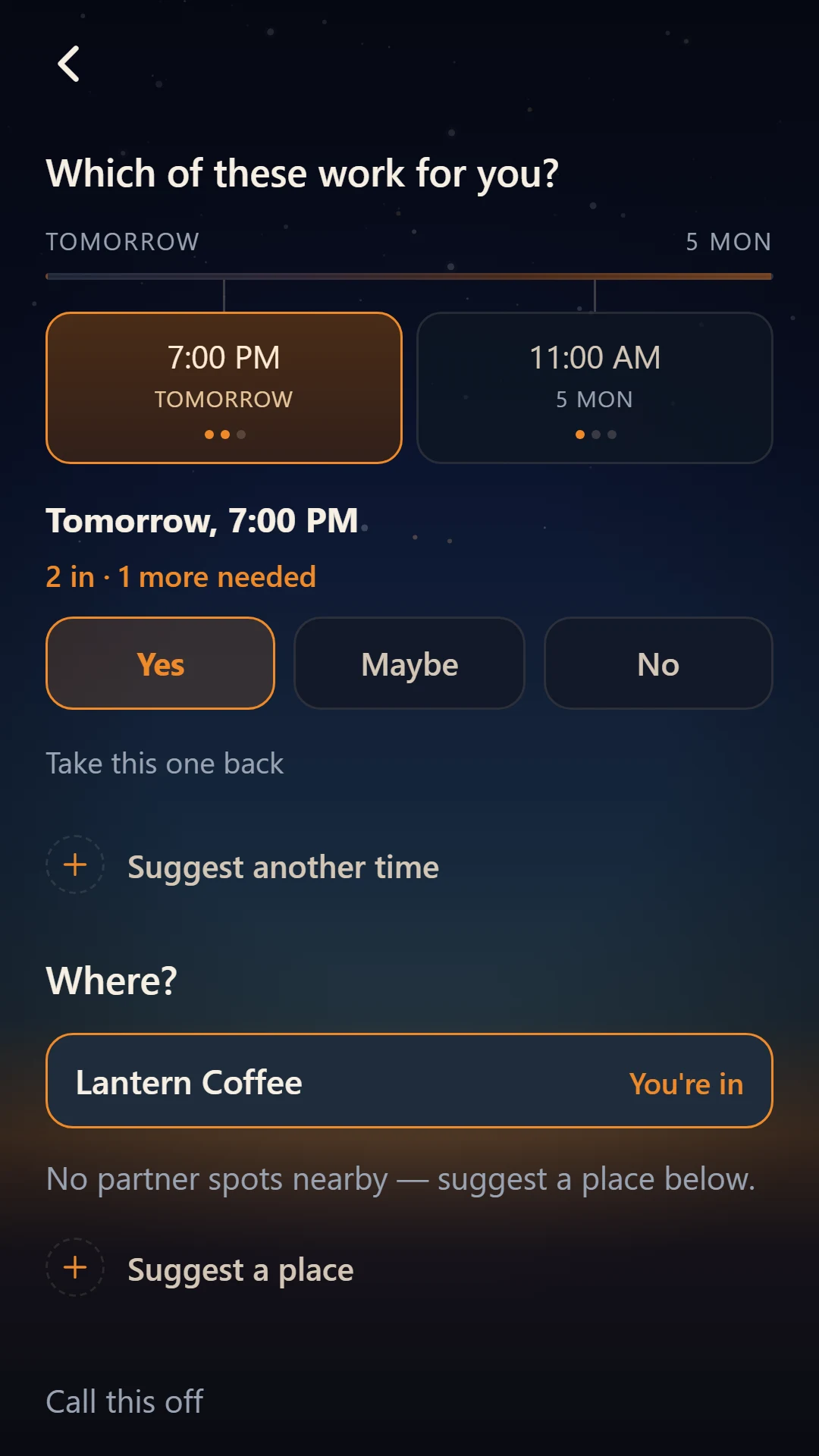 Kynward meetup — times on the table, and the count that keeps one person from committing the group