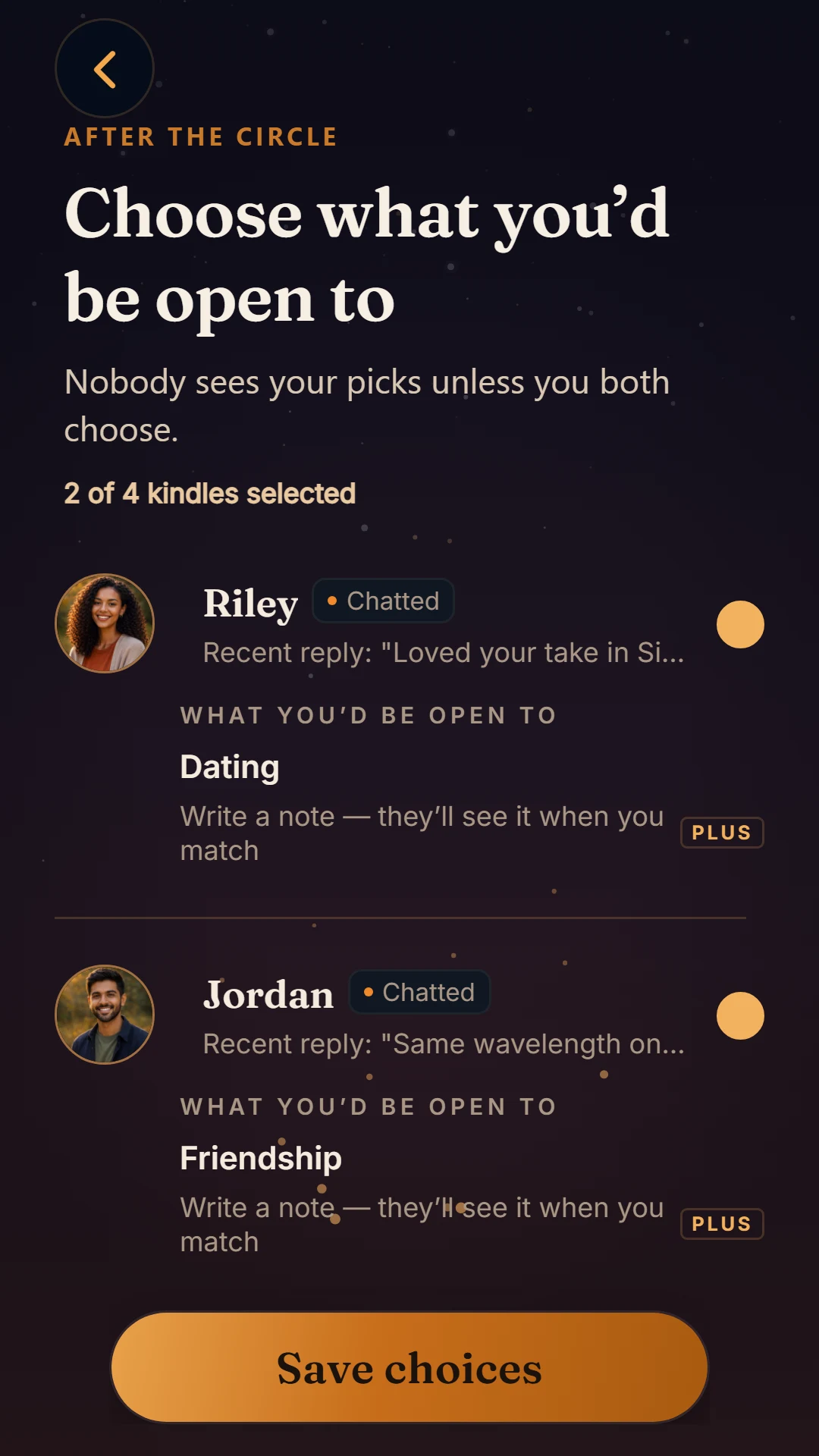 Kynward Mutuals opt-in - privately choose who you'd be open to after a Circle